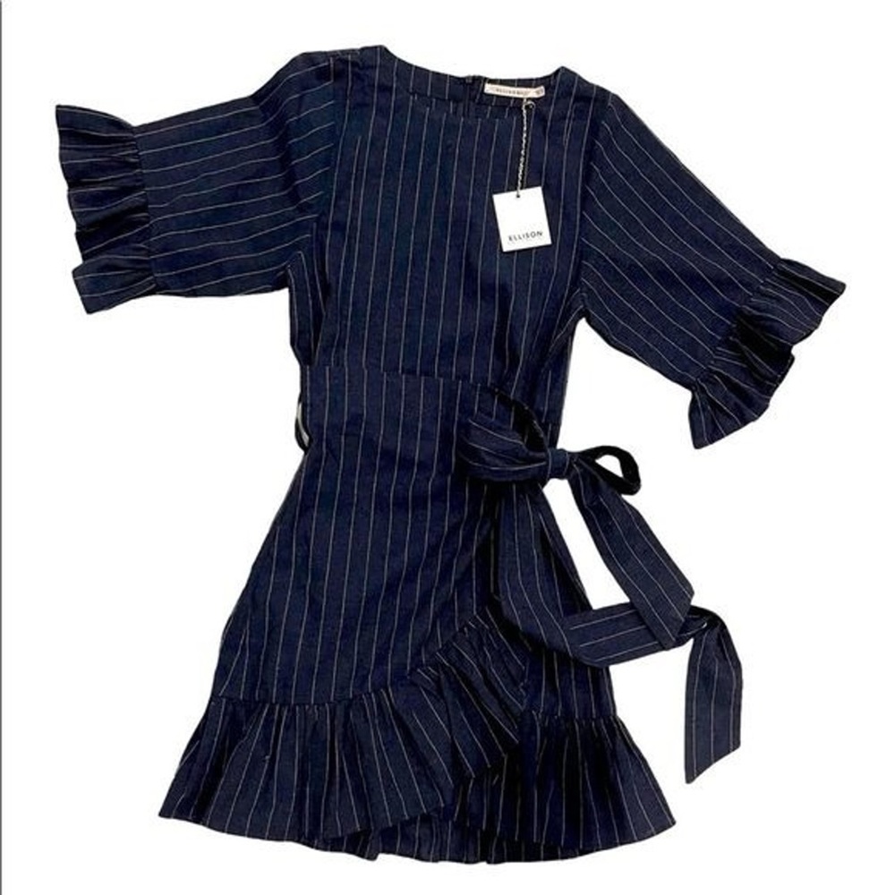 Ellison wrap ruffle pinstripe midi dress